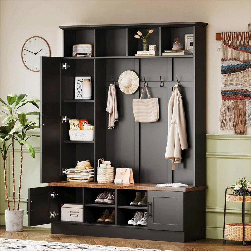 Arbre d'entrée de 55 po de largeur avec banc et rangement pour chaussures, Noir, noir, noir, noir