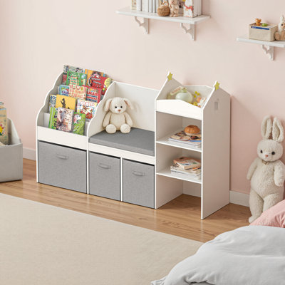 Ayston Spanspace 59" Kids Bookshelf with Reading Nook, Wooden Bookcase with Soft Seat Cushion, Movable Fabric Drawers & Storage Cubbies, Toy Organizer by Isabelle & Max