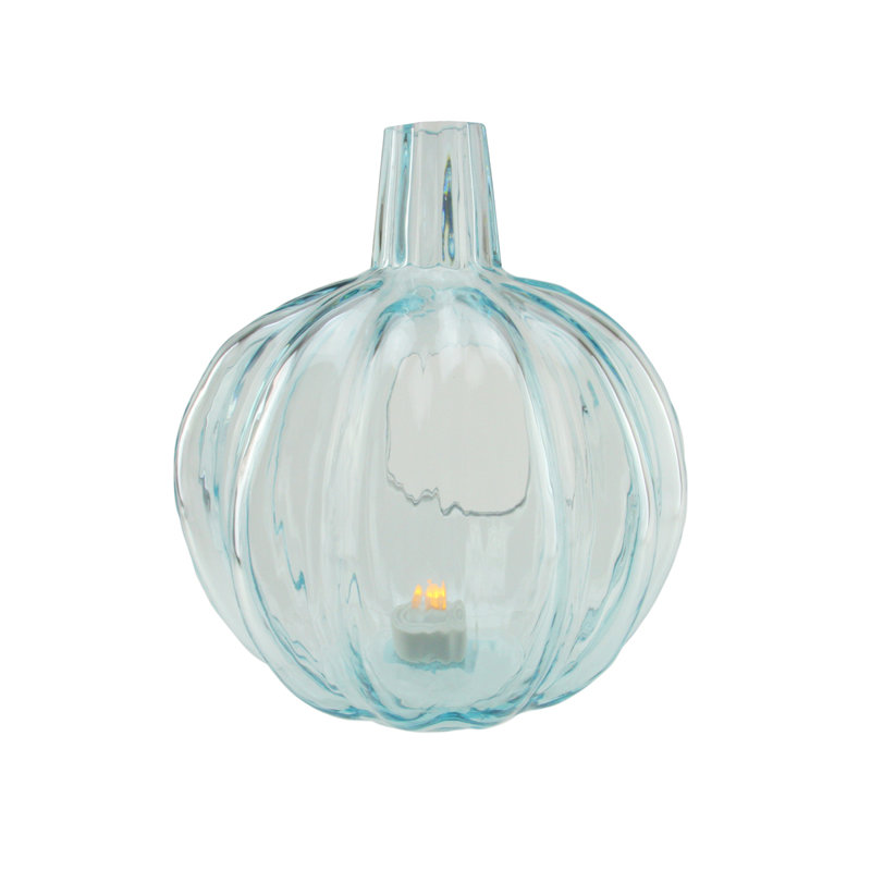 Transparent Blue Glass Pumpkin Pillar Candle Holder, 11" H x 9" W x 9" D