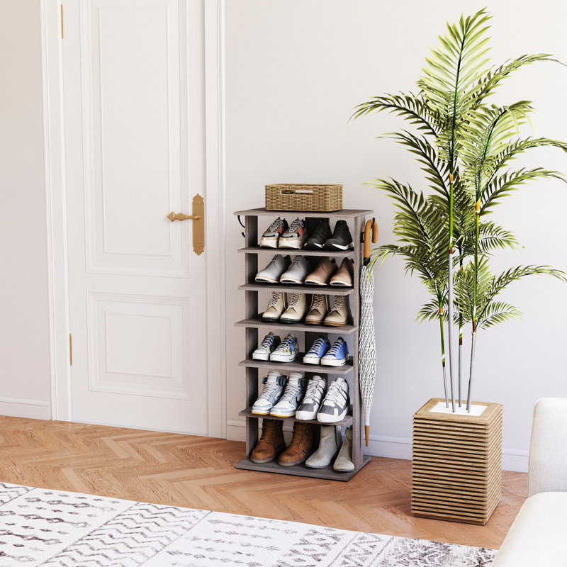 Tour à chaussures à 7 niveaux avec crochets, gris rustique, 12 à 14 paires de chaussures, peu encombrant, porte-chaussures à montage rapide et facile, crochets à clés,