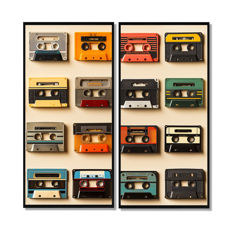 Retro Cassette Tape Collection III - art mural moderne sur toile rouge, 20" H x 24" W, Impression encadrée flottante, Black