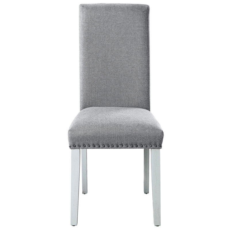 2 chaises en lin gris - pieds blanc antique pour une touche distincte, garniture cloutée élégante, système de ressorts hélicoïdaux