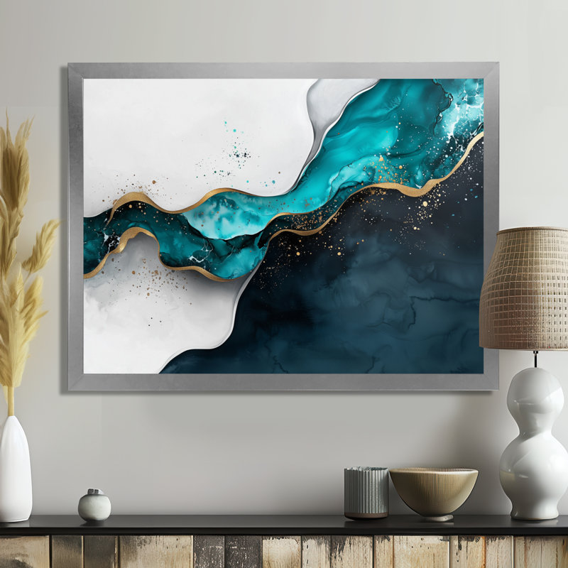 Émeraude, balance de l'encre liquide I - Art mural transitionnel moderne abstrait, H 12 po x l 20 po, Argent argent