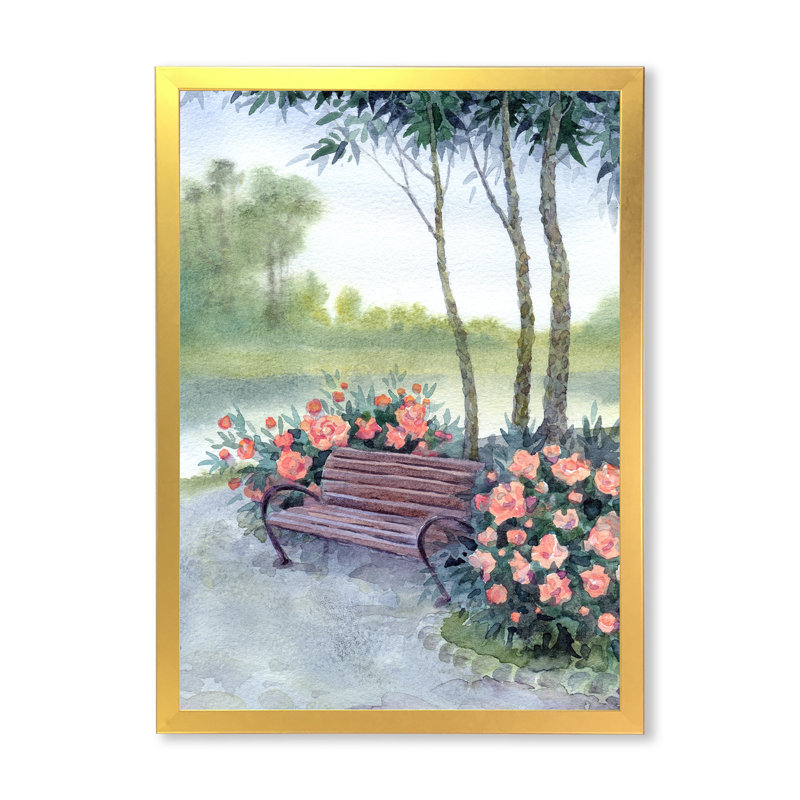 «Bench in Park» par les Pions Bushes - peinture sur toile, Toile encadrée d'or, H 40 po x l 30 po x 1,5 po