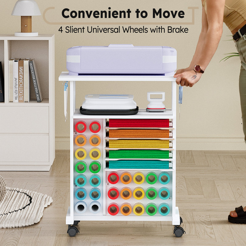 White Rolling Craft Storage Cart with Vinyl Roll Holders and Shelves