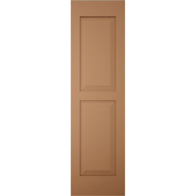 Volets extérieurs Americraft à deux panneaux surélevés égaux en bois véritable (par paire), 18 po L x 80 po H, avec capuchons de volets en aluminium, couleur caramel brûlé