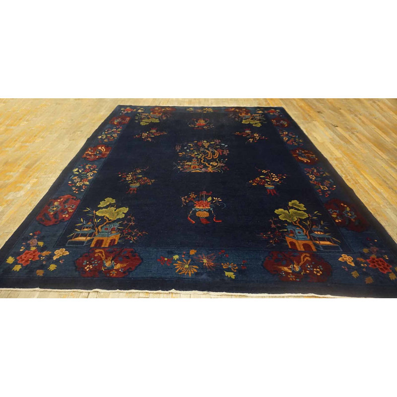 Wool Antique Knotted Rectangle Chinese - Art Deco 1920s Room Size Blue Rug