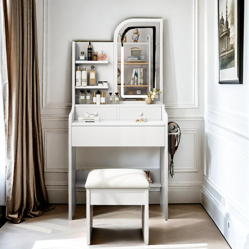 Coiffeuse de maquillage moyenne blanche avec miroir et tiroir à DEL
