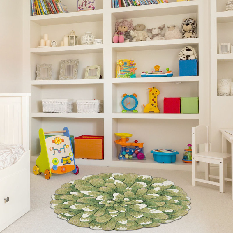 Ismay Floral Polyester Water Resistant Kitchen Mat, Round 5', Green