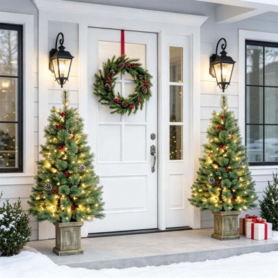 Ensemble de deux sapins artificiels pré-illuminés avec lumières DEL bicolores et télécommande pour la décoration des fêtes