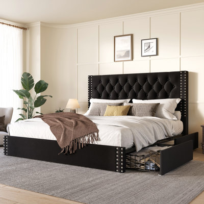 Lit plateforme tapissier avec rangement et très grand lit avec tête de lit Kevyon