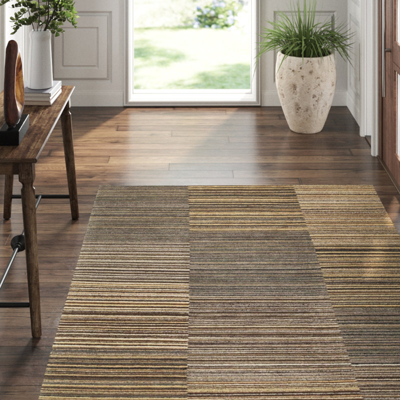 Spectrum Striped Hand-Knotted Wool Brown/Gray Area Rug, Beige/Gray, Rectangle 2' x 3'