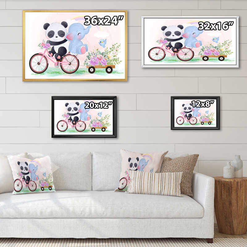 Mignon panda et éléphant sur un vélo - Cadre photo, impression sur toile, H 24 po x l 36 po x P 1 po, Cadre flottant doré
