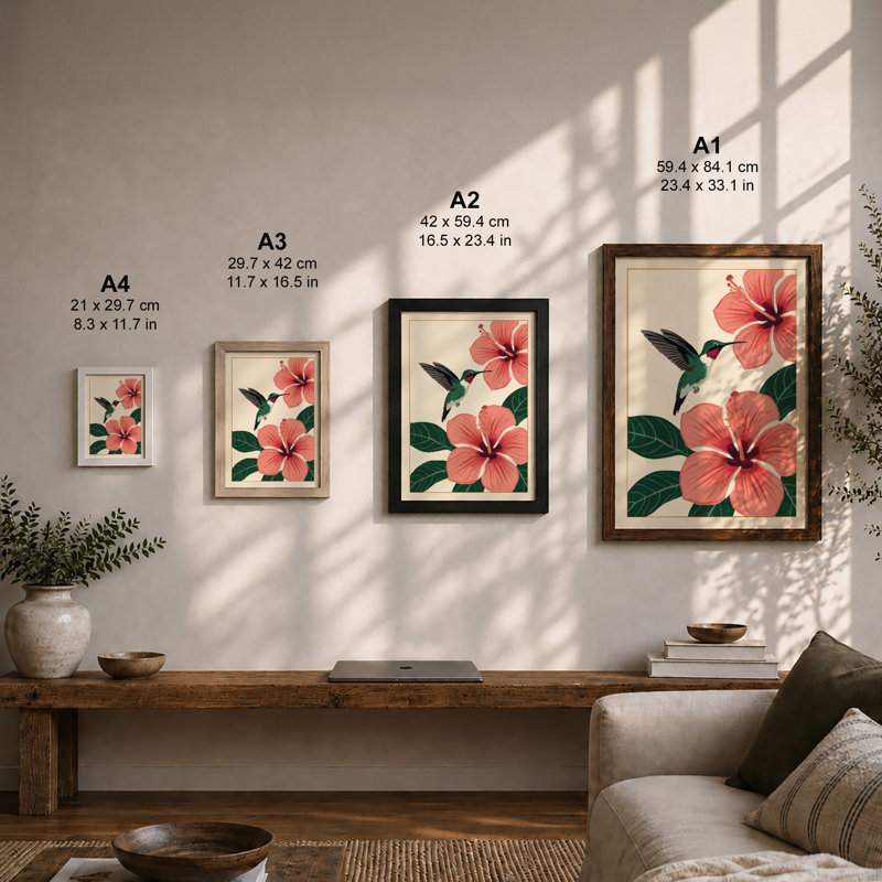 Hummingbird and Hibiscus Botanical - Framed Print, A1 - 84.1 x 59.4 cm, White