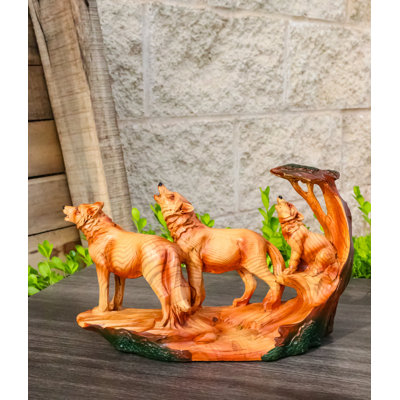 Sculpture de trois loups hurlants, décor de meute de loup des bois rustique