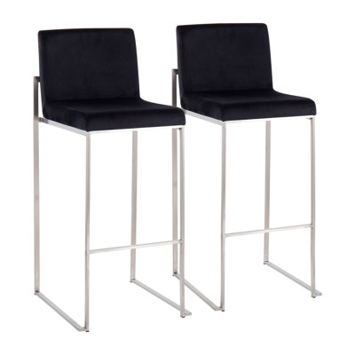 Tabouret de bar contemporain à haut dossier en acier inoxydable et velours noir - ensemble de 2