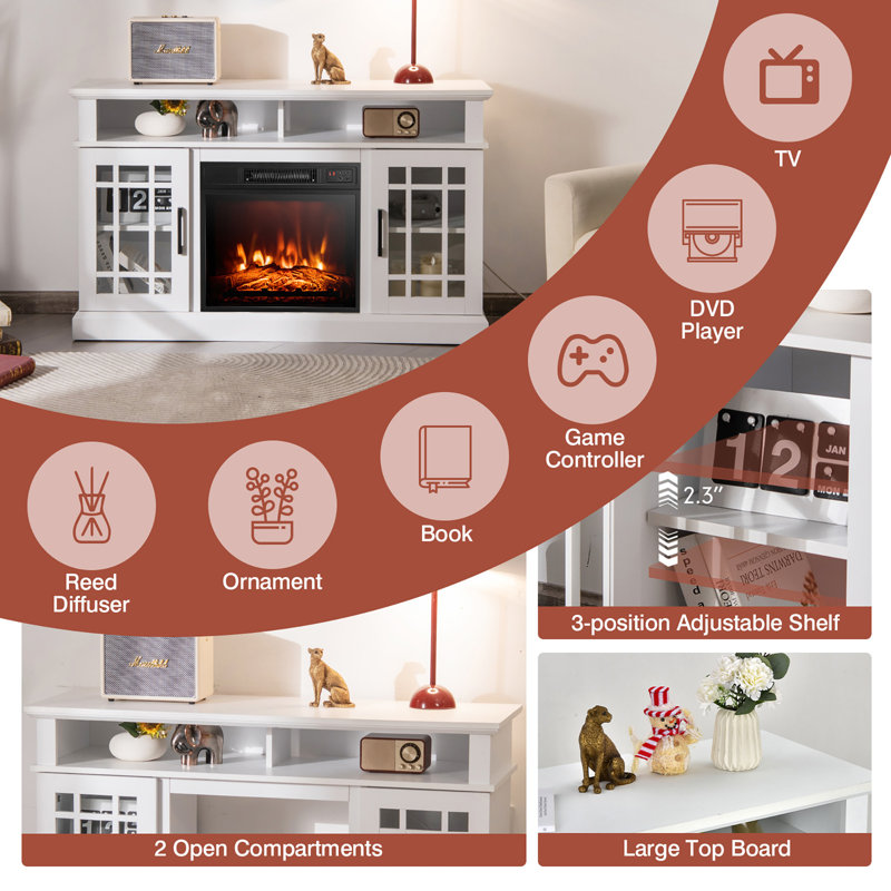 Ripley 48'' W Storage Credenza with Electric Fireplace Included, White
