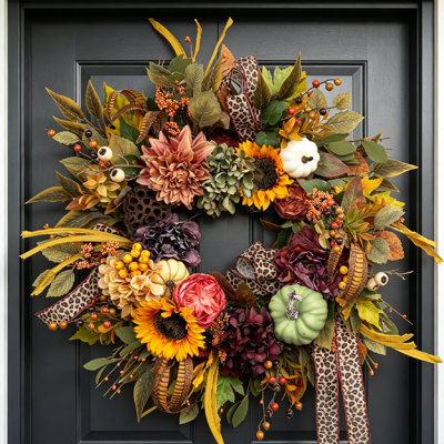 24" Full Fall Wreaths For Front Door Farmhouse Fall Harvest Decorative Wreath With Sunflowers,pumpkin， Berries & Maple Leaves For Seasonal Home Decor