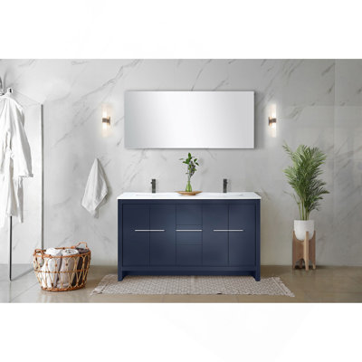 Navy Blue Double Bath Vanity 60 In. W X 20 In. D, White Quartz Top And Gun Metal Faucet Set