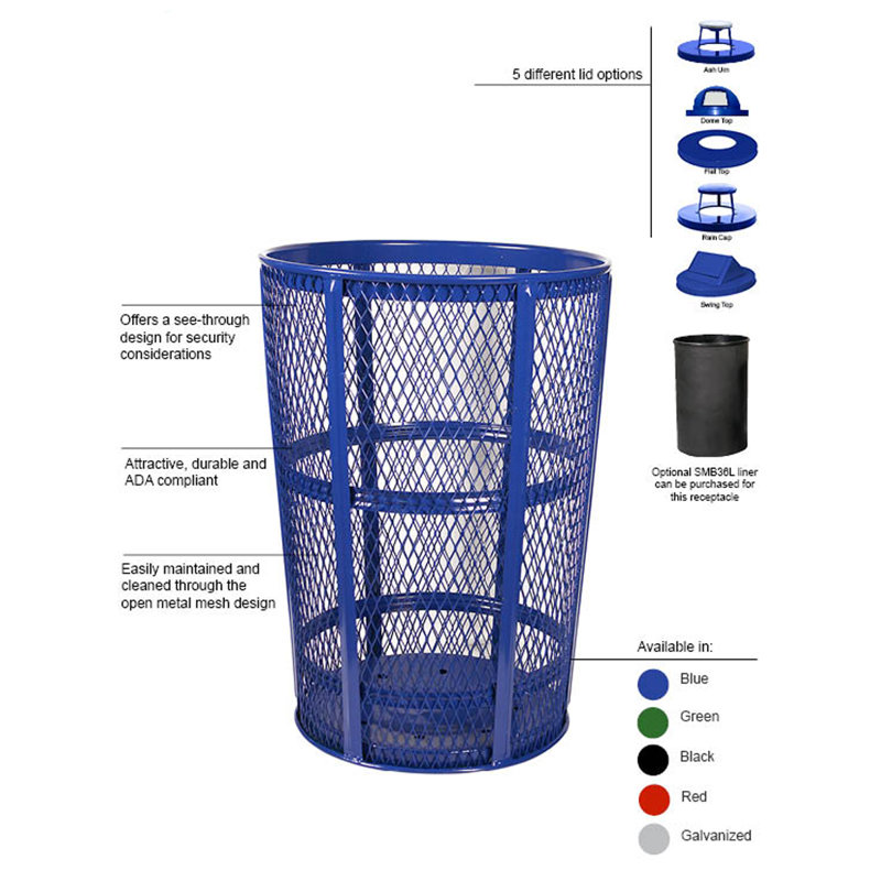 Poubelle en métal avec réceptacle de panier étendu 48 gallons, Bleu