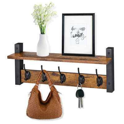 Sorbus Coat Hooks Wall Mount Floating Shelf 23.6 in W x 4.7 in D x 7.5 in H, Coat Rack with 5 Heavy Duty Hooks – Floating Wall Shelf with Hooks for Entryway, Bathroom, Bedroom, Kitchen, or Mudroom, Brown