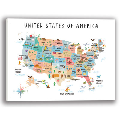 Charmante carte illustrée USA sur toile tendue