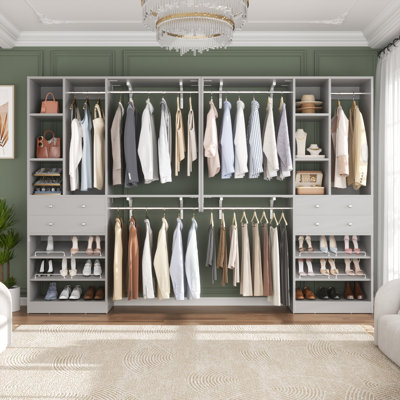 Welles 117.8" Closet System with Wood Drawers, Shoe Racks, Hanging Rods