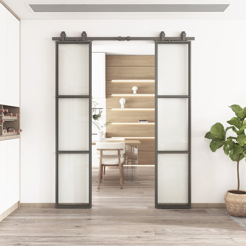 Metal and Tempered Glass Double Sliding Barn Door with Installation Hardware Kit, 2 Sets of Door, Clear