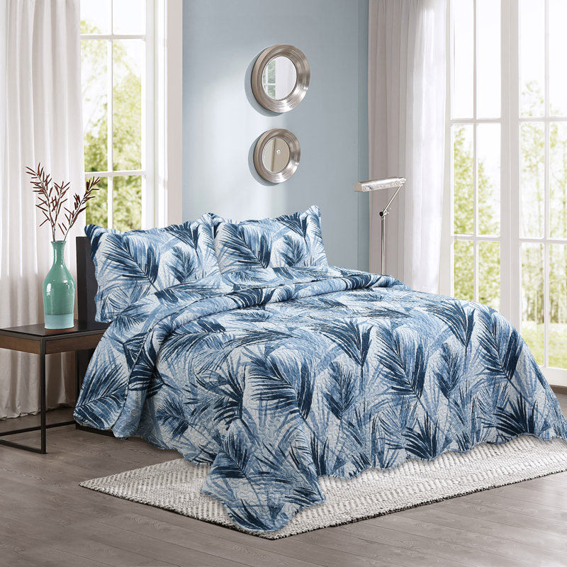 King Size Blue and Taupe Microfiber Reversible Quilt Set