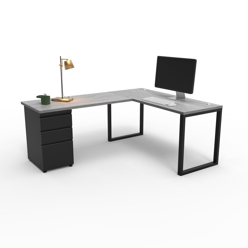 The City, Modern L-Shaped Office Desk for Office and Home, Grey Oak Top with Black Frame, Gray Oak/Black