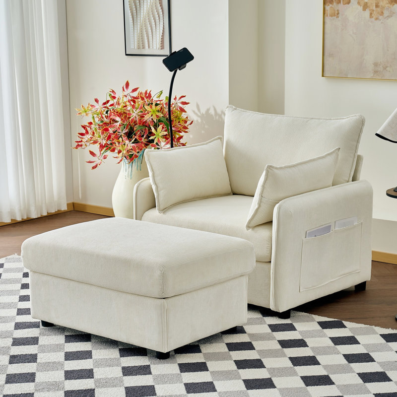 Intérieur de 55 po beige, espace de vie principal, rembourrage à ressort, ports, support de téléphone réglable, conception britannique antique, chaise longue surdimensionnée avec cadre en bois d'eucalyptus et rangement, lit simple confortable pour
