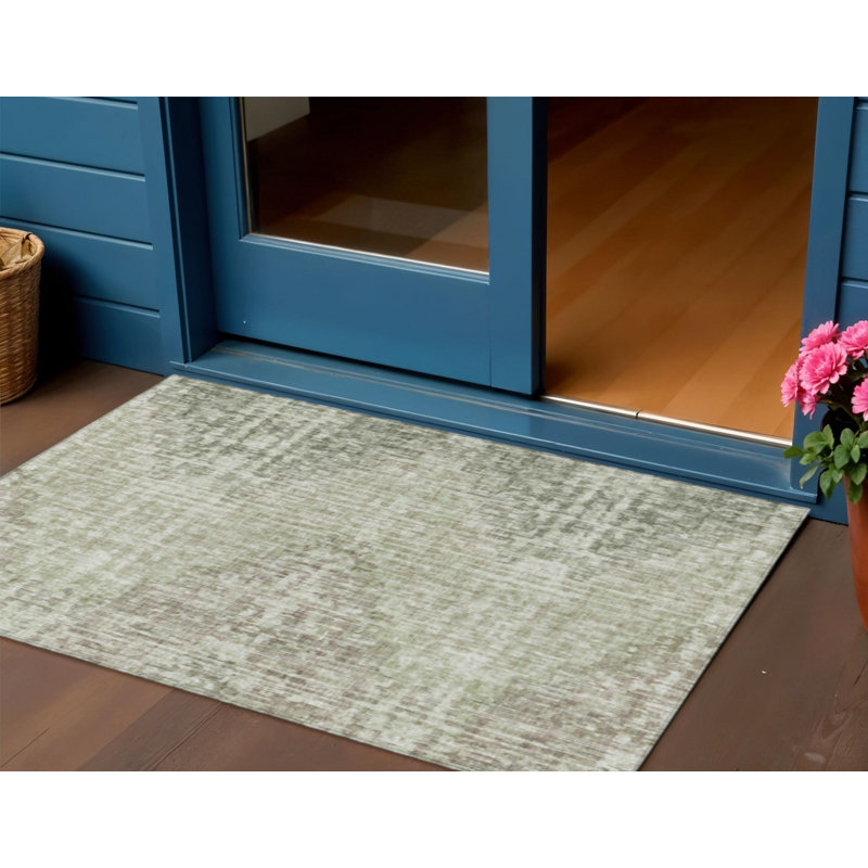 3' X 5' Fern Green And Ivory Geometric Washable Indoor Outdoor Area Rug