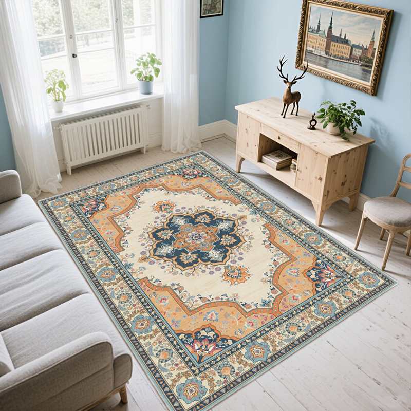 Oriental Flroal Area Rug 5x7 Rugs for Living Room, Soft Low Pile Indoor Outdoor Rugs, Modern Large Soft Indoor Washable Rug, Non Slip Carpet for Bedroom Dining Room Table Home Decor Use