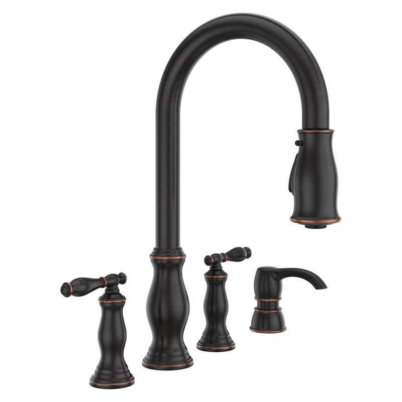 Pull Down Double Handle Kitchen Faucet With Soap Dispenser