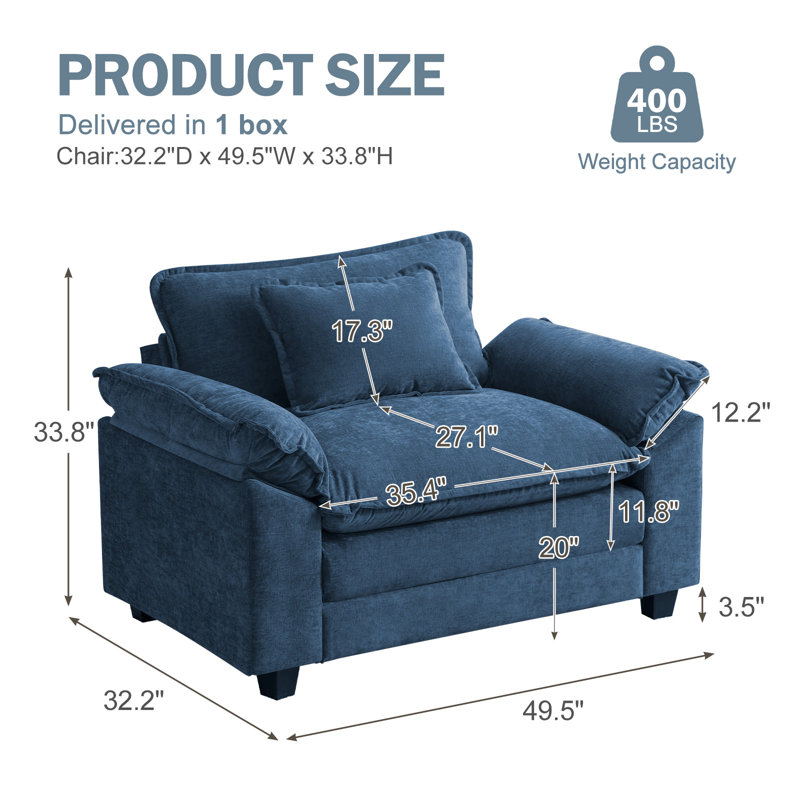 49.5'' W Oversized Premium Chenille Armchair And A Half With Accent Pillow & Removable Cushions-Set Of 2, Blue