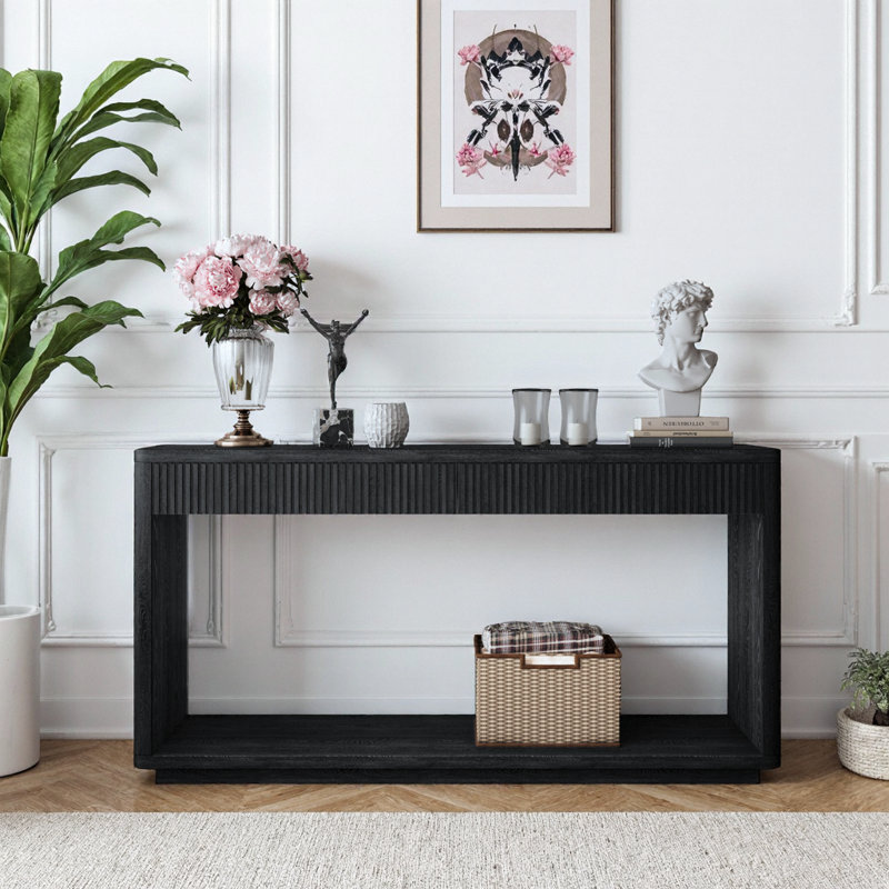 Console cannelée moderne de 60 pouces avec 2 tiroirs - Table de canapé pour le salon, le couloir et le vestibule, Black