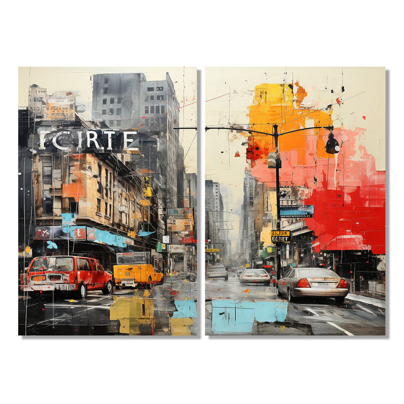 Urban Collage II - art mural moderne jaune 2 panneaux, 36" H x 48" W, Wrapped Canvas, Does Not Apply