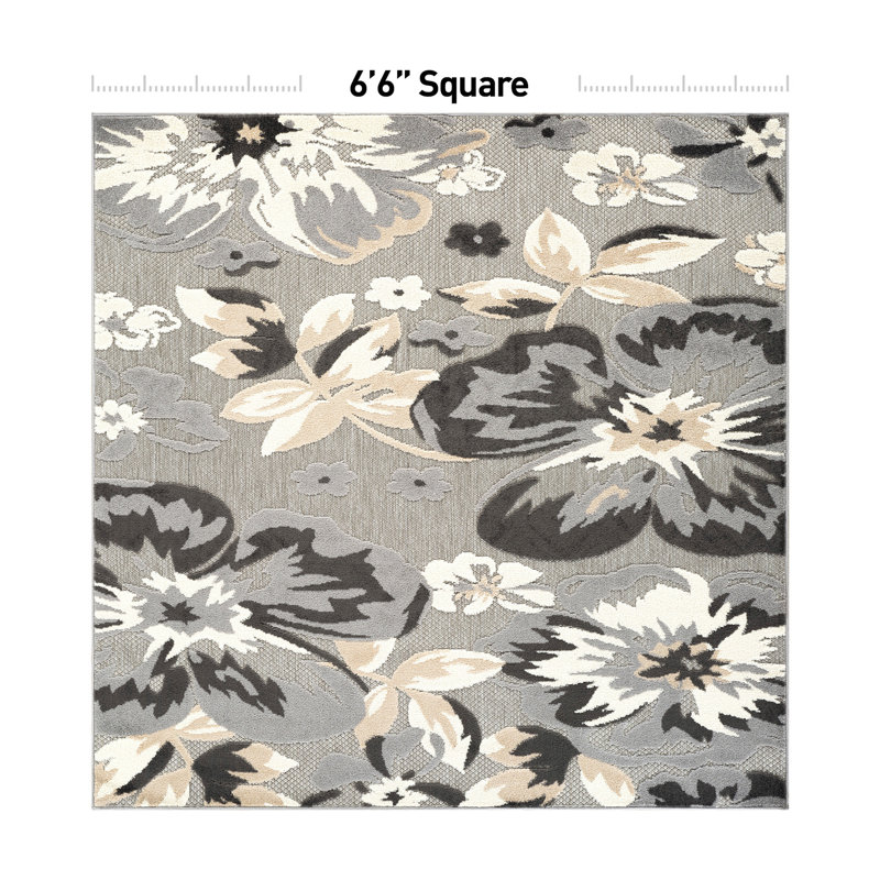 Tapis floral intérieur / extérieur gris, Carré 6 pi 7 po
