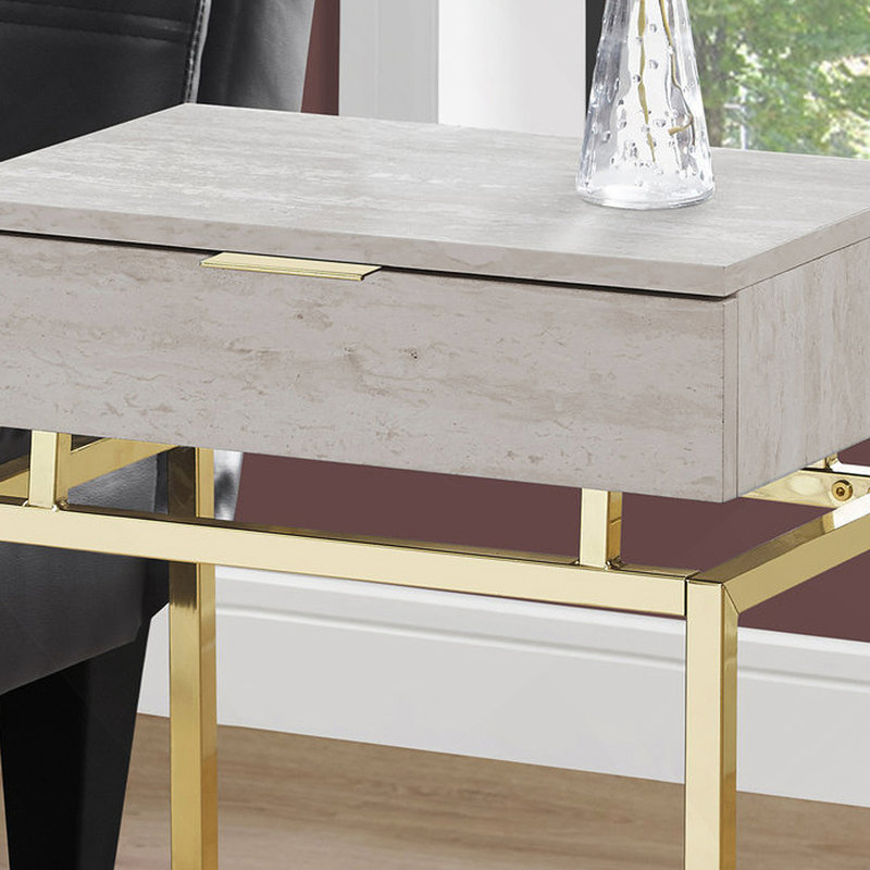 End Table, Side, End, Nightstand, Storage Drawer, Beige Marble Look Laminate, Gold Metal