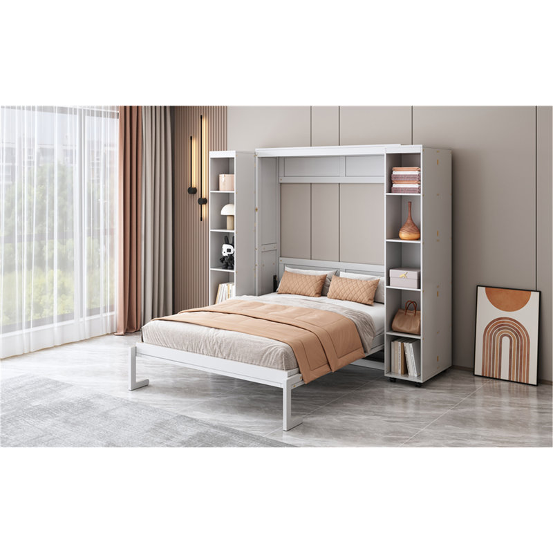 Grand lit escamotable mural avec portes de rangement, blanc, Blanc