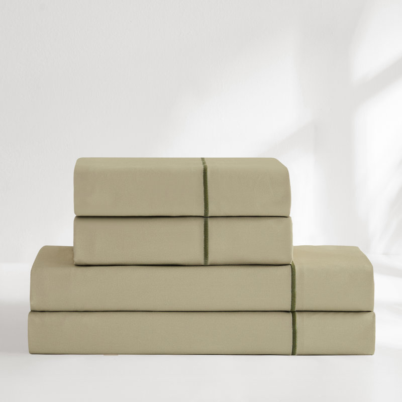 Linear Cotton Sheets Green 4 Piece Set Queen, Queen Sheet Set, Green