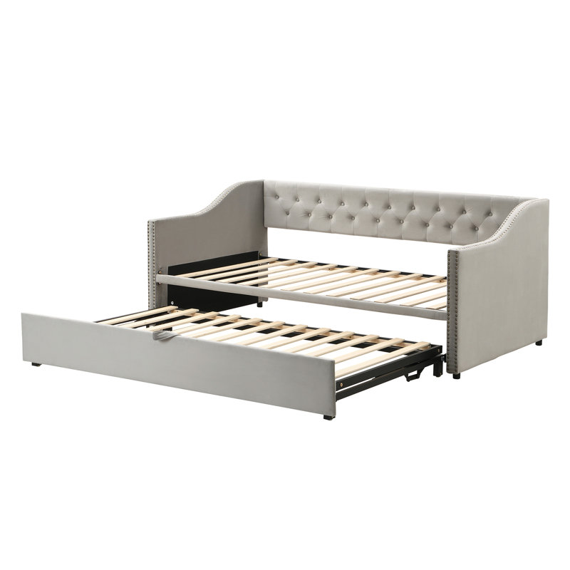Lit de jour simple tapissier avec lit gigogne, Gris