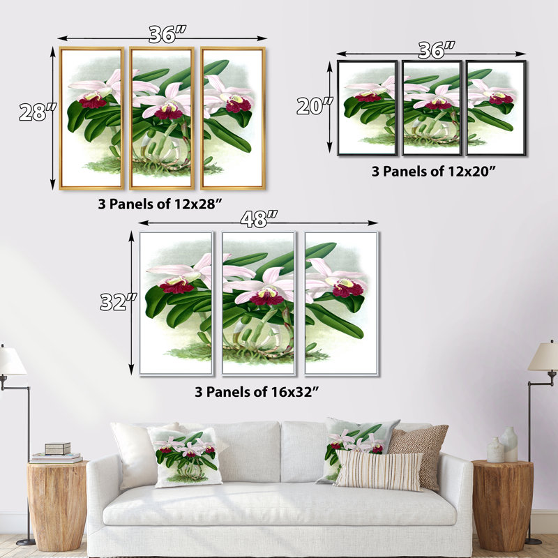 «Vintage White Orchid Flower I», reproduction sur toile flottante 3 pièces, Cadre noir, H 32 po x l 48 po x P 1 po