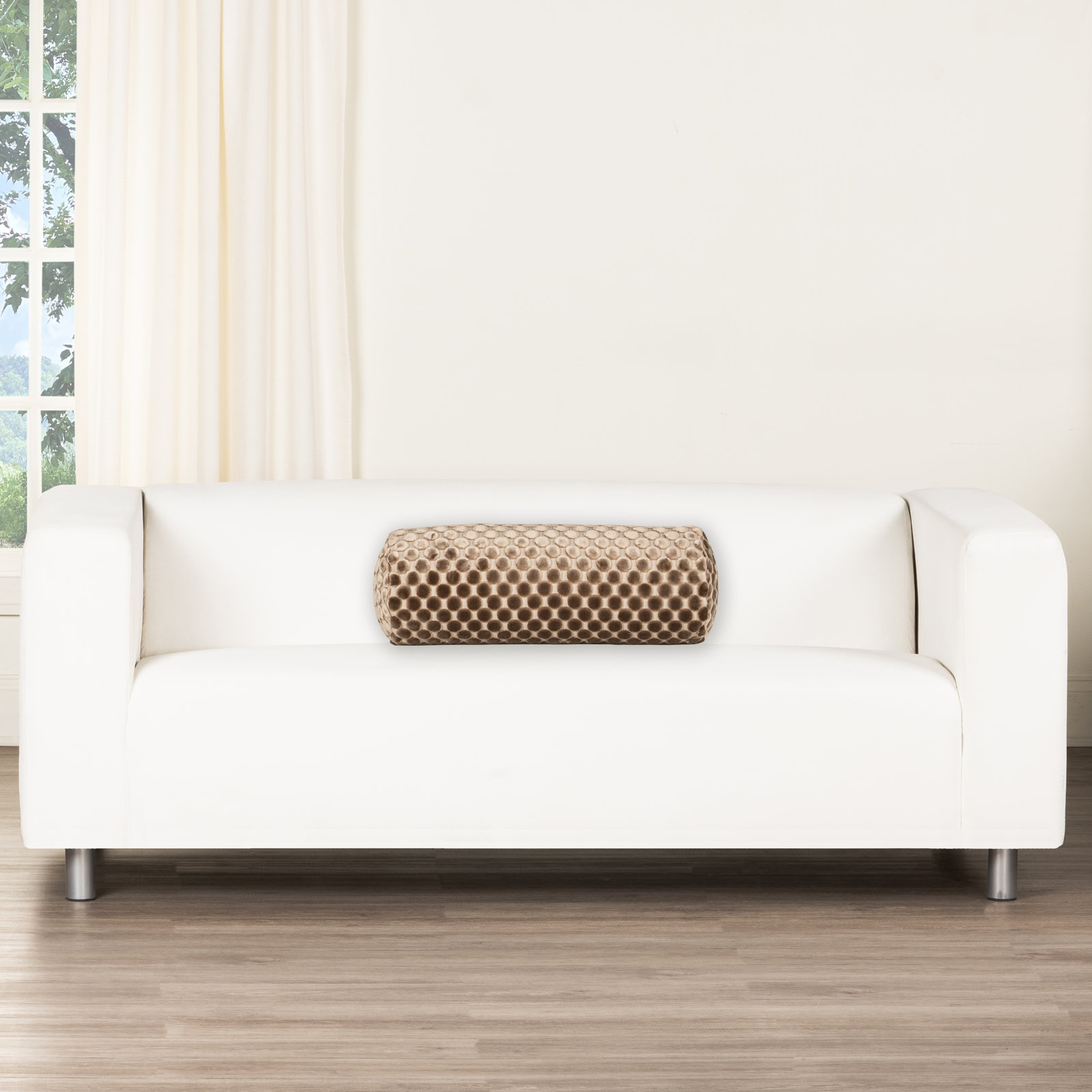 Nirvan Velvet Dot Throw Pillow, Mushroom, Polyester, Bolster 8"H x 21"W