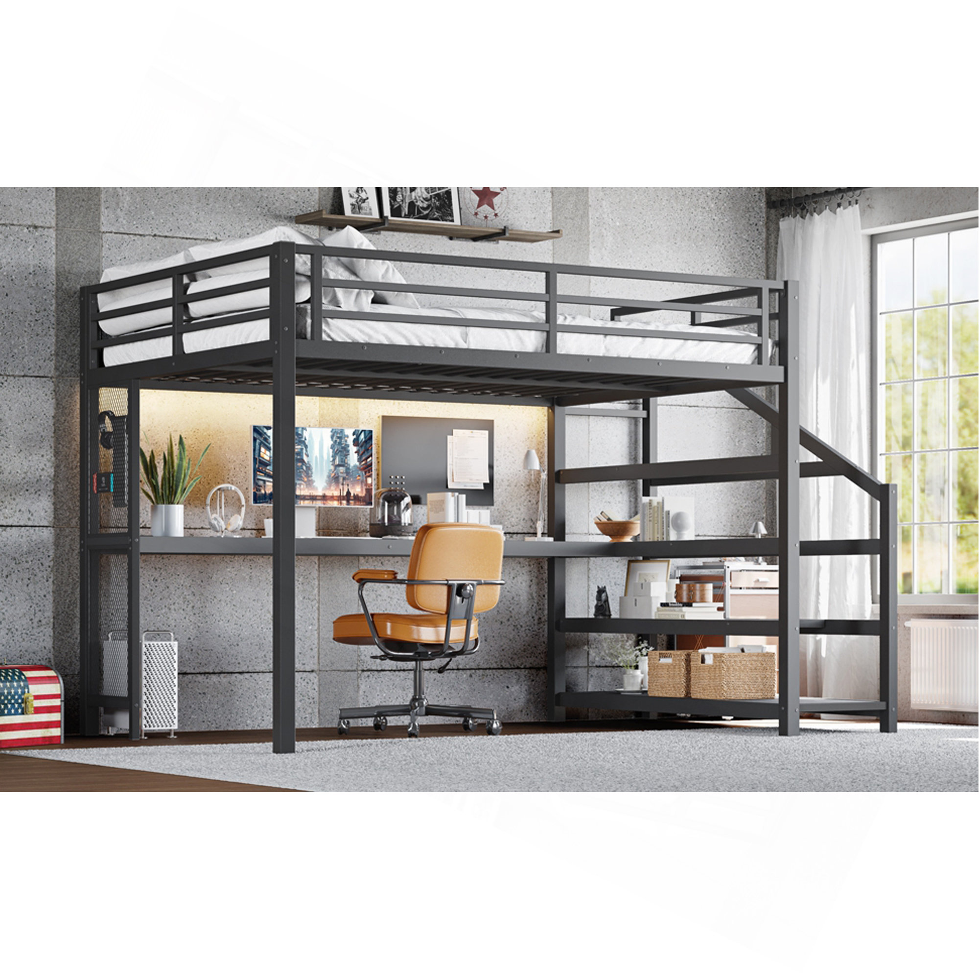 Trent Austin Design Loft Bed With Desk And Storage Stairs, Metal Loft ...
