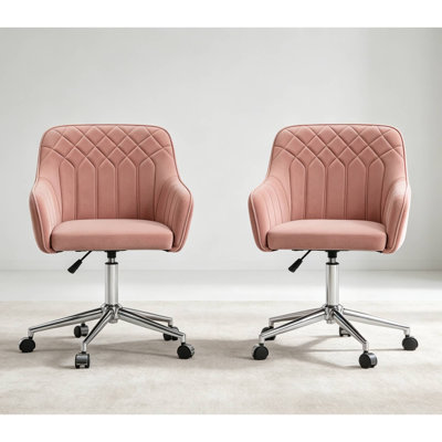 Adjustable White Set of 2 PU Leather Office Chair with Wheels, Ergonomic Swivel Vanity Chair with Gold Metal Base(Set of 2)