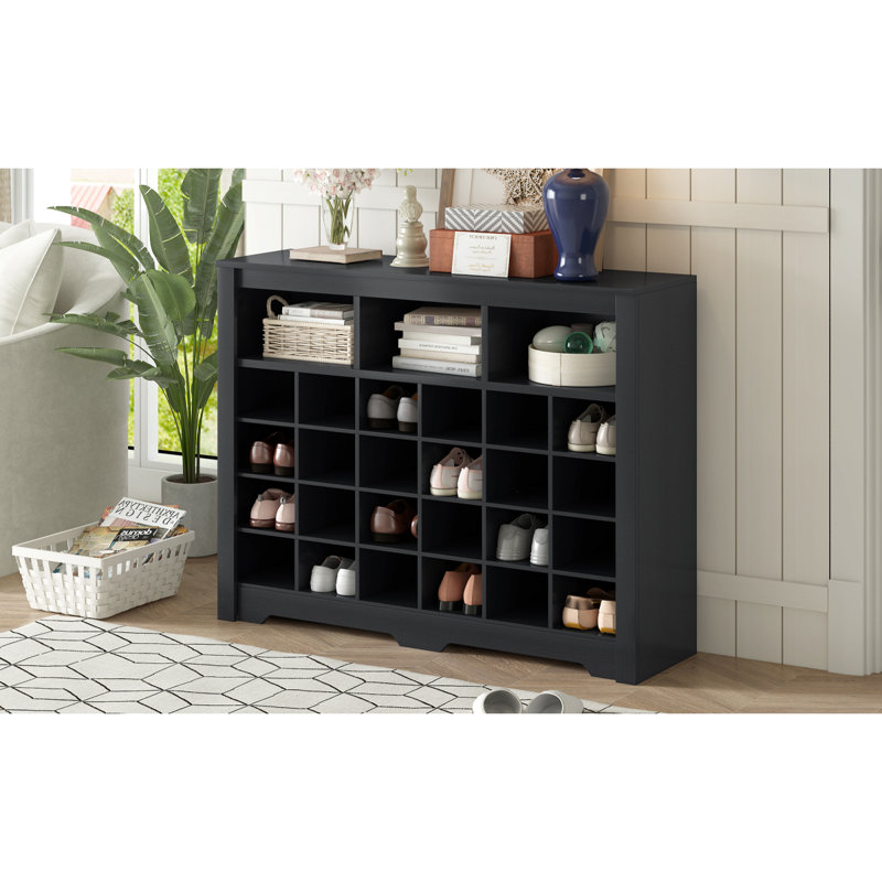 Console à 24 casiers, armoire à chaussures moderne avec base incurvée, buffet polyvalent de haute qualité, Noir