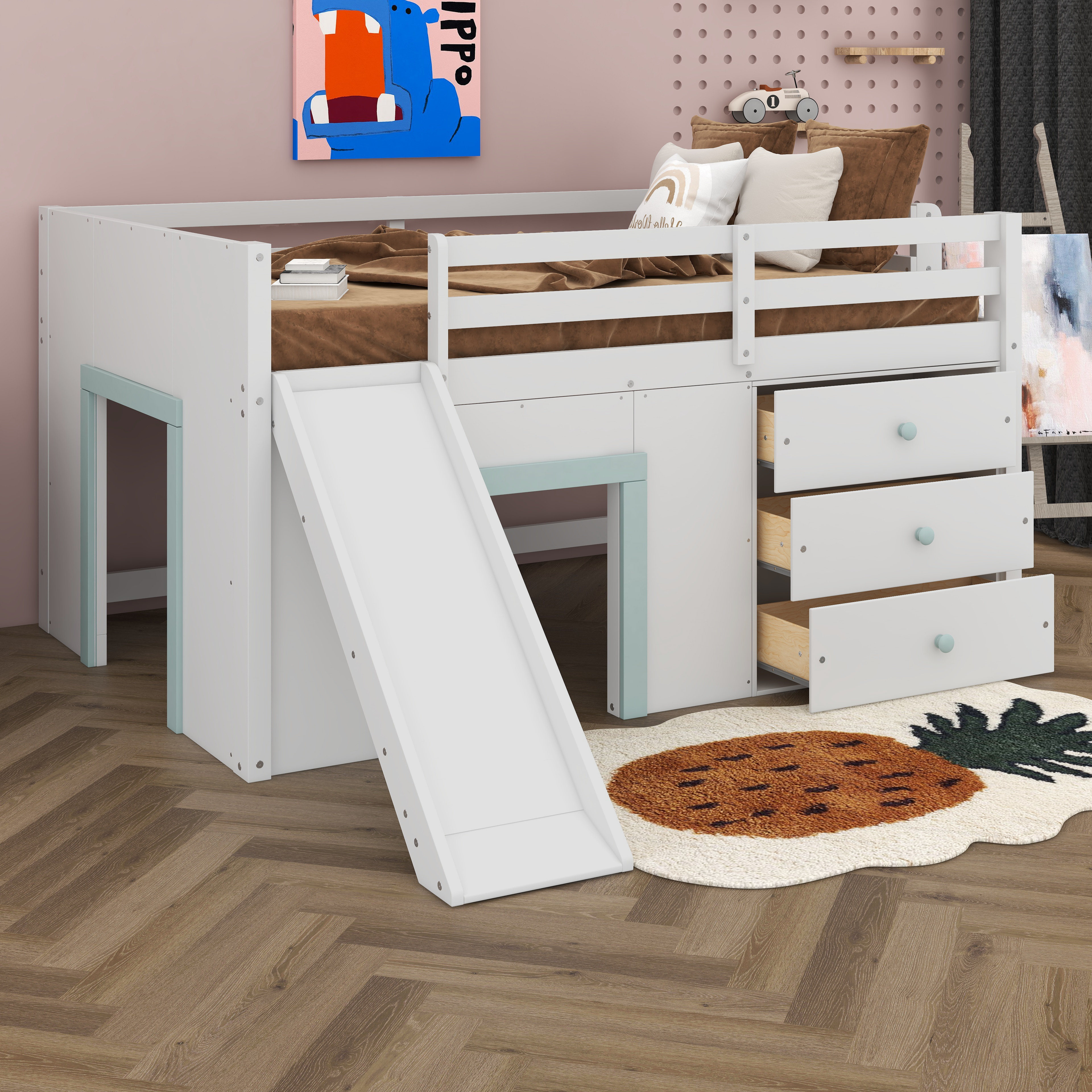 Harriet Bee Full Size Low Loft Bed, Wood Loft Bed Frame With Slide ...