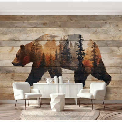 Peel and Stick Wallpaper Farmhouse Bear Rustic Forest Woodland Wildlife Grizzly Bear Pine Trees Wall Murals 69"H x 96"W Removable PVC Wall Paper Self-Adhesive Wall Decor for Bedroom Living Room Dining Room