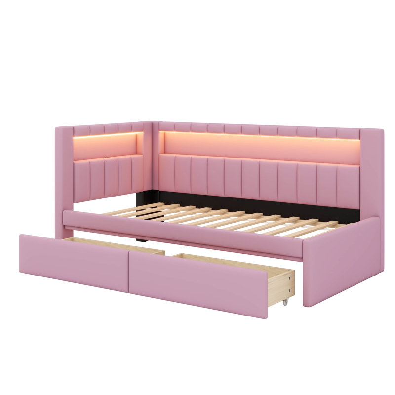 Lit plateforme entièrement rembourré avec ports USB, bande à DEL et lit gigogne, Simple, Rose